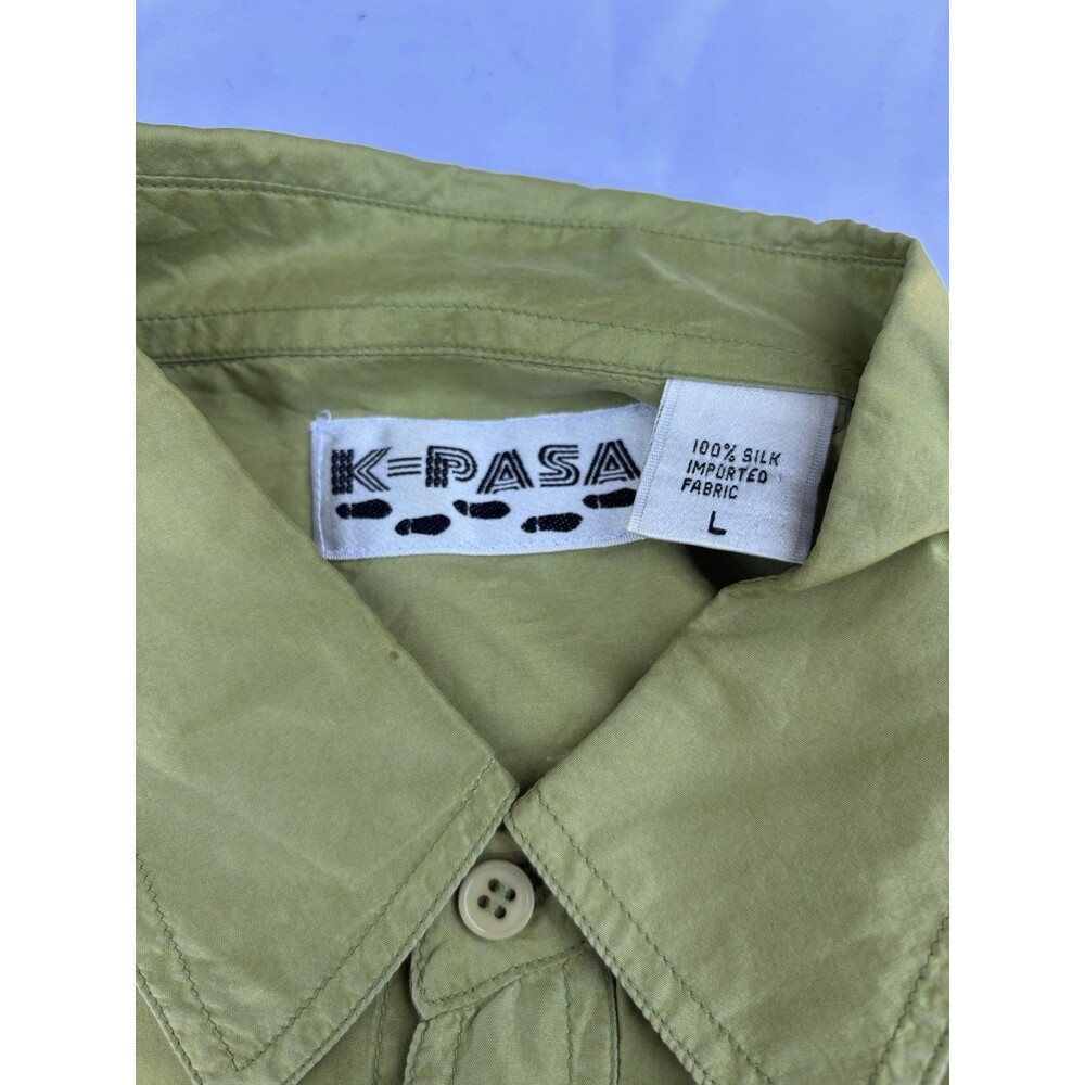 K-PASA 100% Silk Lime Green Short Sleeve Button Shirt Men’s L - Picture 5 of 6